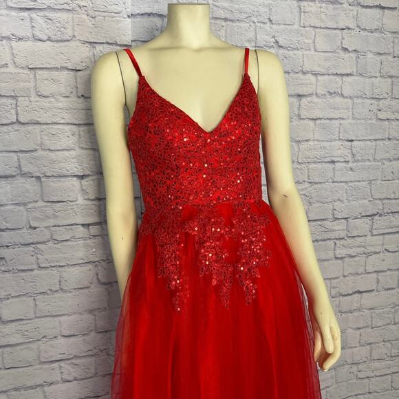 Red V Neck Spaghetti Straps Tulle Beaded Lace Long Evening Prom Dress size small - Picture 3 of 16